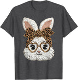 Happy Easter Funny Bunny Glasses Leopard Bandana Rabbit Face T-Shirt in Dark Heather Grey