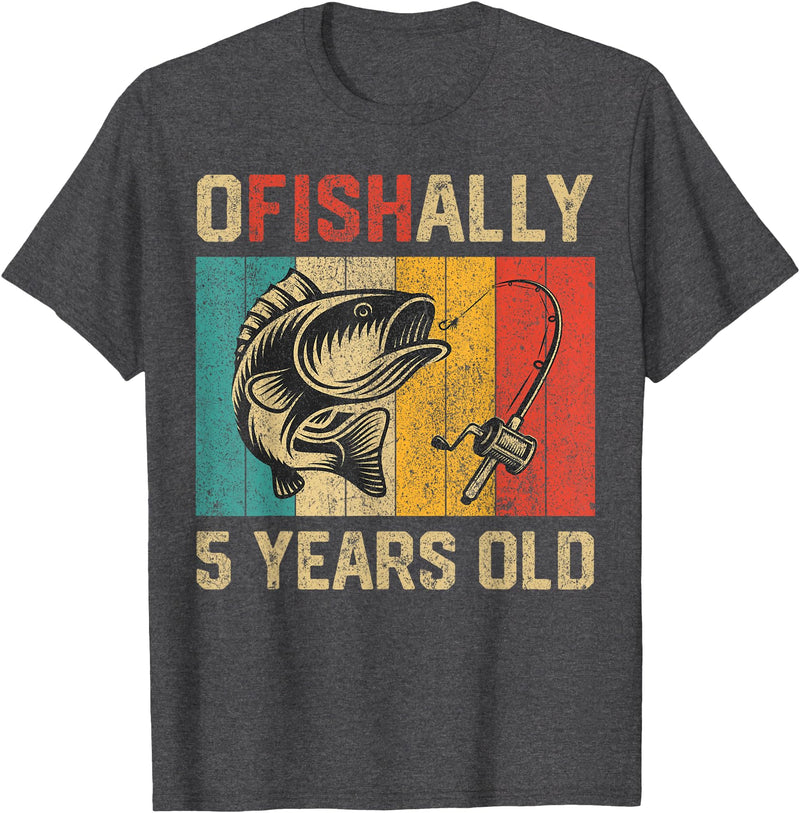 Vintage Fishing Fisherman Birthday Gifts Ofishally 5 Years Old Funny Fishing Birthday Fisherman T-Shirt - Dark Heather Grey