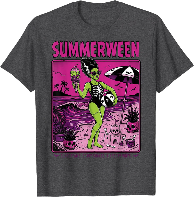 Summerween Halloween in July Spooky Summer Horror summerween Skeleton Beach Halloween Spooky Funny T-Shirt - Dark Heather
