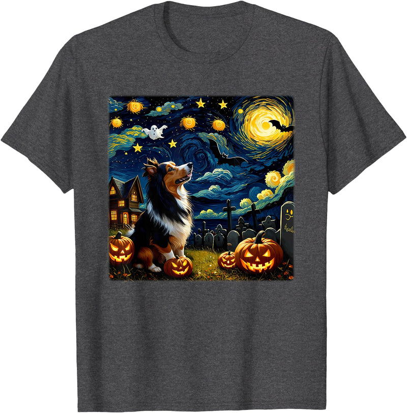 Starry Night Sheltie Dog Halloween Spooky Halloween Sheltie Dog Starry Night T-Shirt for Men Women Kids - Dark Heather Grey