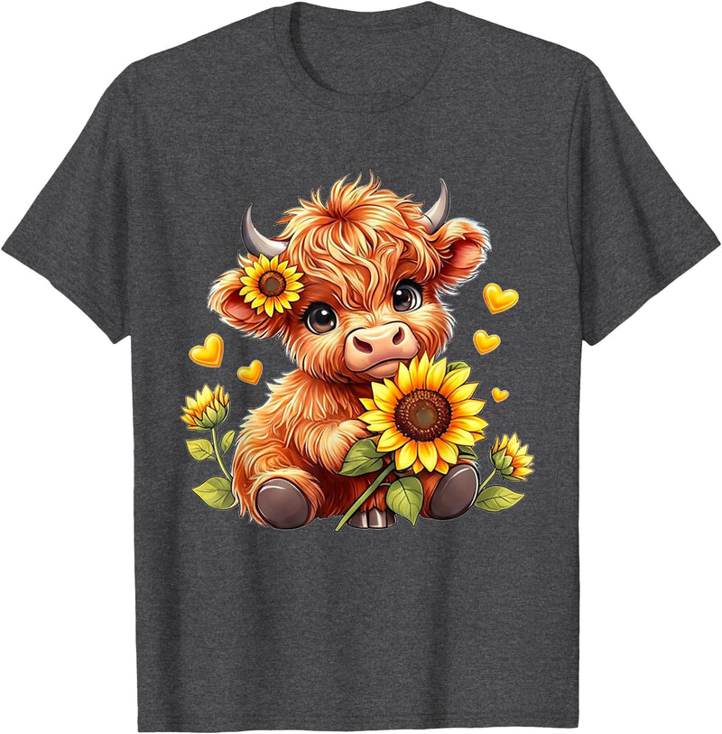 Cute Highland Cow Sunflowers For Girls Cute Highland Cow Sunflowers Girls Women Animal Lovers T-Shirt - Dark Heather Grey