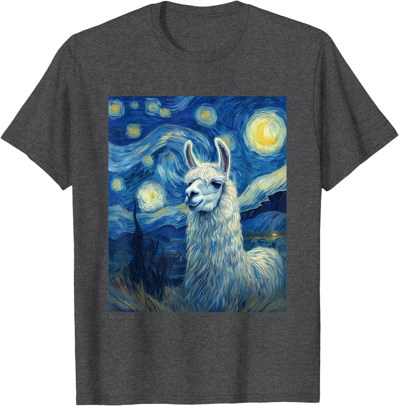 Llama Designs. Llama Alpaka Van Gogh Style Starry Night Funny Graphic T-Shirt - Dark Heather Grey