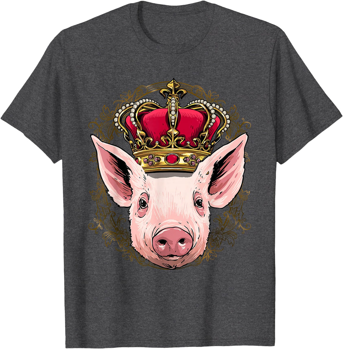Wowsome! King Pig Wearing Crown - Queen Pig Animal T-Shirt - Dark Heather Grey