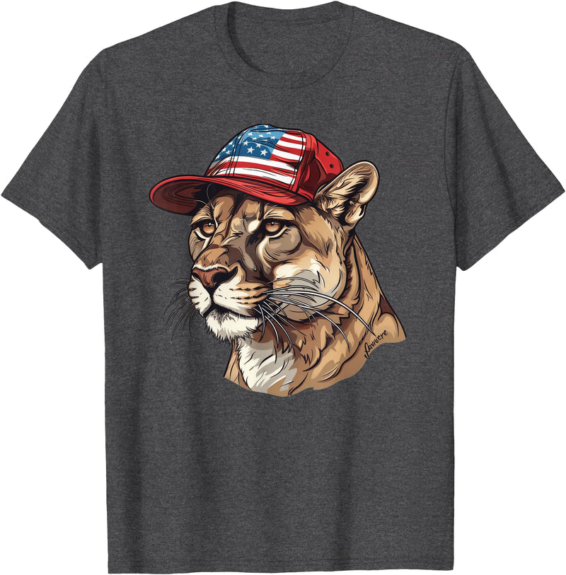 Mountain Lion Cougar Panther Catamount Designs Mountain Lion With USA Hat T-Shirt - Dark Heather Grey
