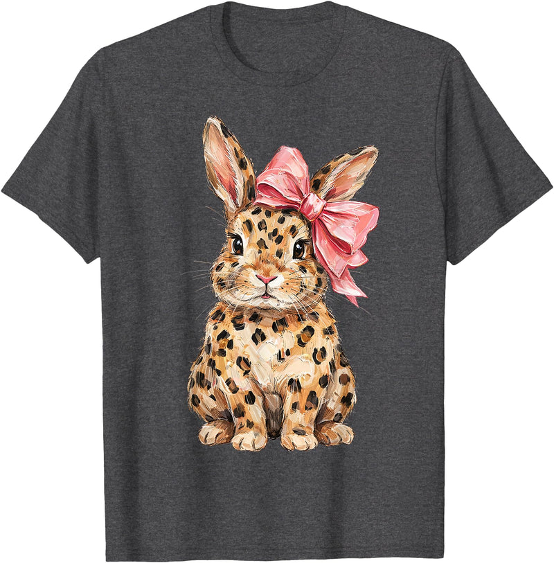 Cute Bunny Leopard Coquette Bow Rabbit Easter Women Girls T-Shirt in Dark Heather Grey