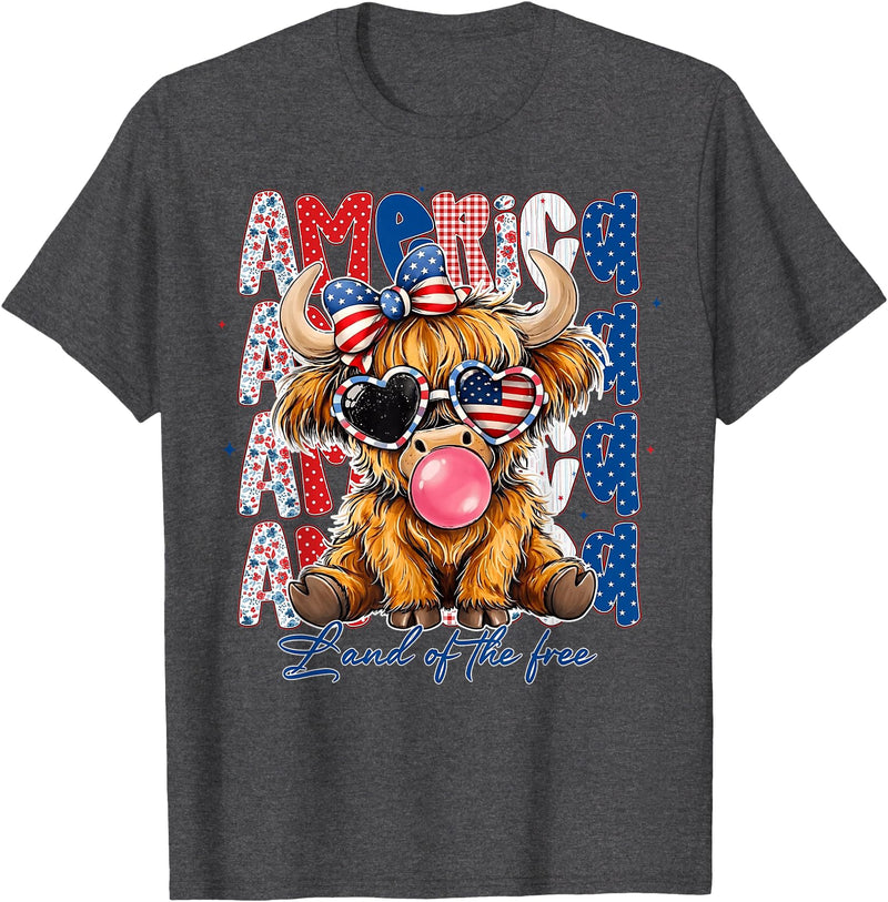 Cute Cow Creations Highland Cow 4th of July, Patriotic Cowgirl Bow Design T-Shirt - Dark Heather Grey