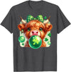 Cute Highland Cow Hilarious Shamrock Themed Highland Cow Blowing Bubblegum Celebrate St Patricks Day T-Shirt - Dark Heather
