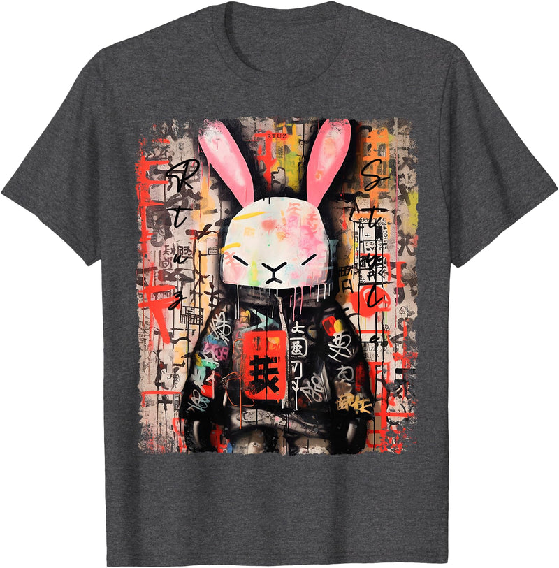 Hip Hop Y2K Rabbit Hipster Edgy Streetwear Bunny Samurai T-Shirt in Dark Heather Grey