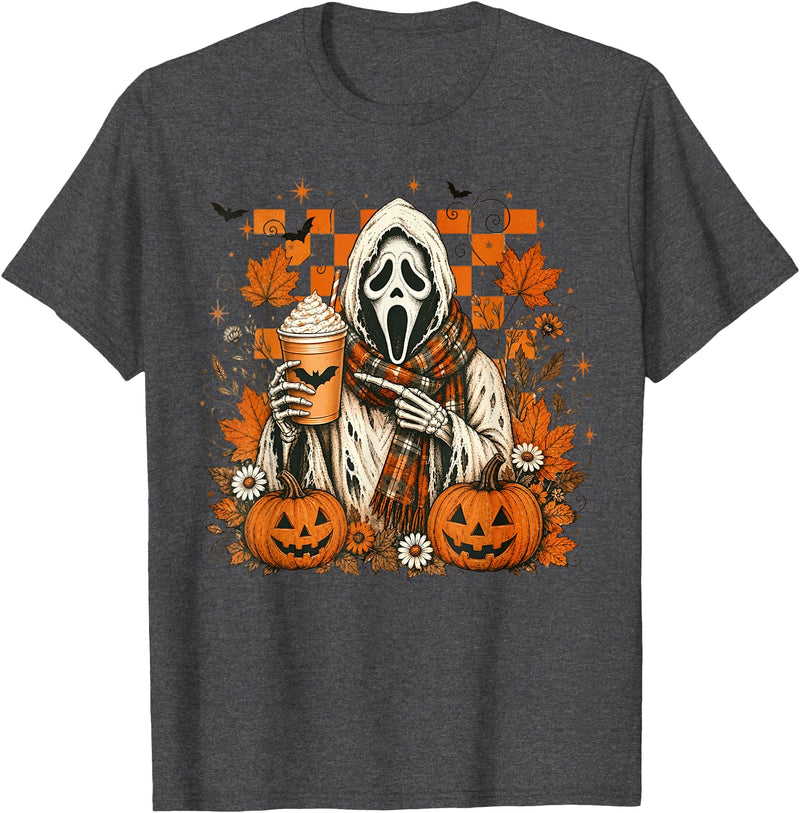 Halloween Pumpkin Ghost Autumn Leaves Graphic Cute Spooky Ghost Fall Halloween Coffee Latte Autumn Pumpkin T-Shirt - Dark