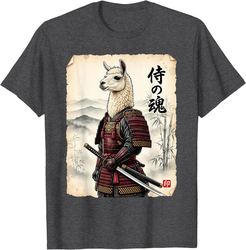 Vintage Samurai Alpaca Llama Japanese Art Tees Samurai Llama Japanese Art Vintage Alpaca Funny Animal T-Shirt - Dark Heather Grey