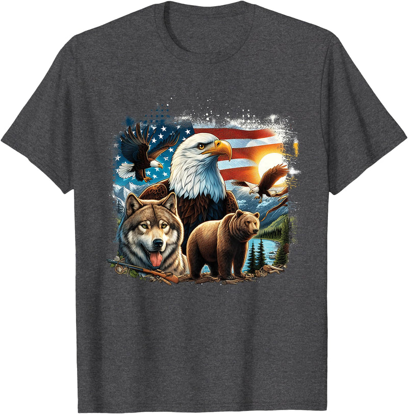 USA Animals Bald Eagles Grizzly Bear Wolf Wilderness Nature T-Shirt - Dark Heather Grey