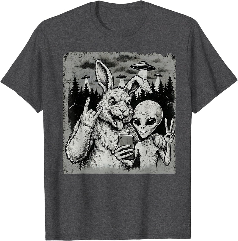 Funny Rabbit and Alien Rock on Hand Sign UFO Selfie T-Shirt in Dark Heather Grey