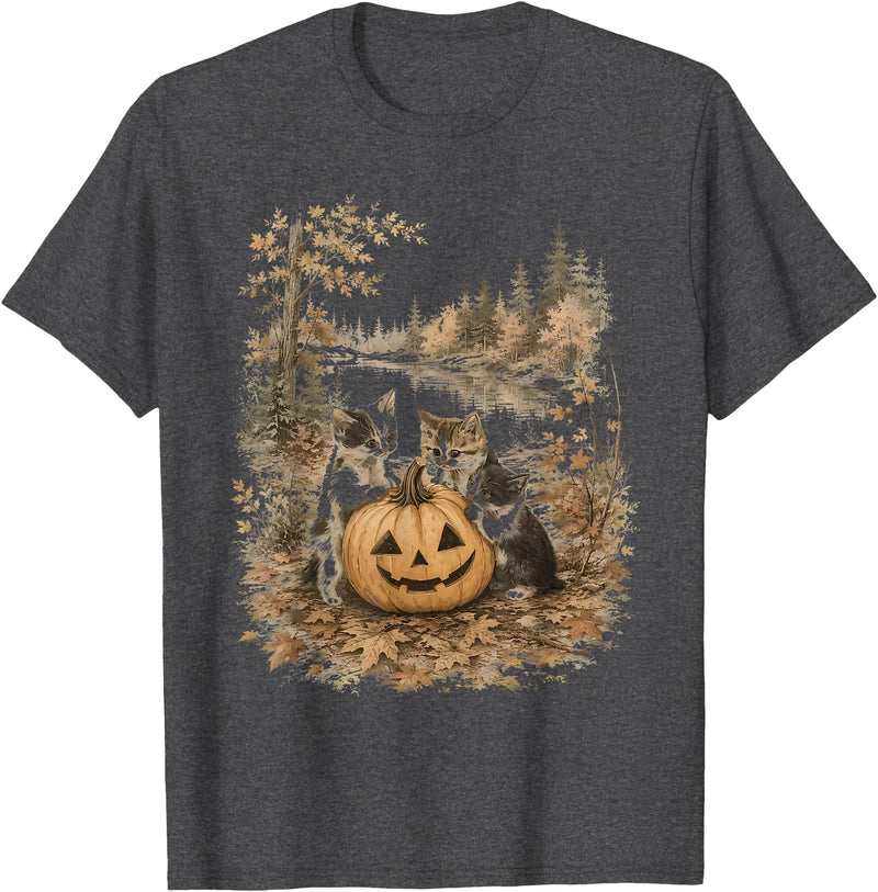 Vintage 90s Cats And Pumpkin Halloween Women Men Funny Retro 90s Kitten Black Cats and Pumpkin Halloween T-Shirt - Dark