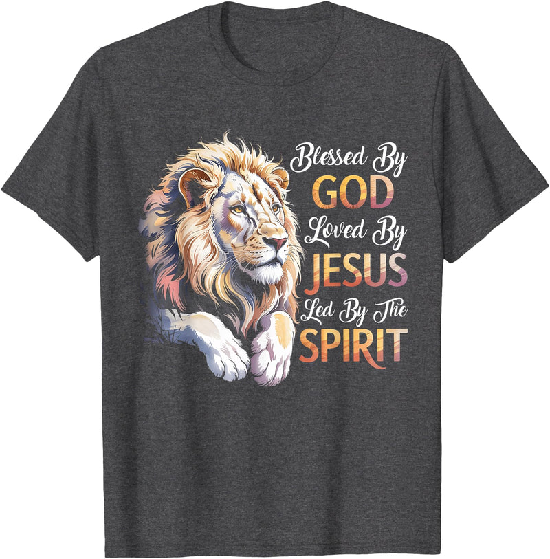 Jesus Lion of Judah Christian Tee. Blessed By God - Loved By Jesus Christian Lion T-Shirt - Dark Heather Grey
