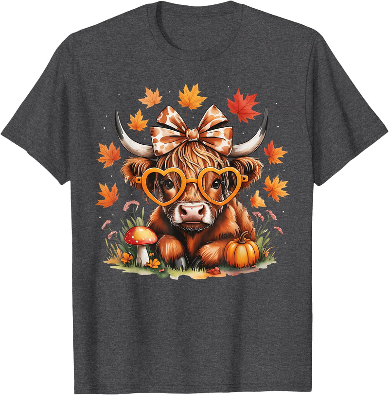 Fall Highland Cow Bow ThanksGiving Ades.shirt Fall Highland Cow Pumpkin Bow Thanksgiving Fall Girl Women T-Shirt - Dark
