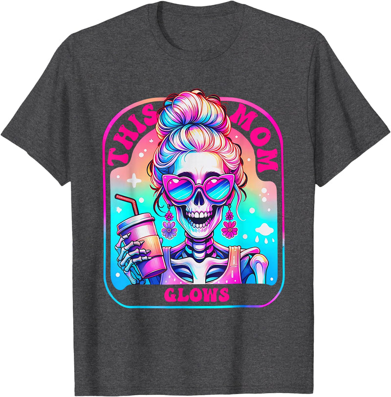 Glow Mom Apparel This Mom Glows Skeleton Mom Colorful Design T-Shirt - Dark Heather Grey