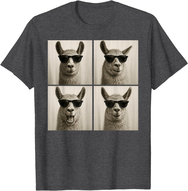 Retro Llama Portrait with Sunglasses Funny Llama Lover Cute Llama Photo Booth T-Shirt - Dark Heather Grey