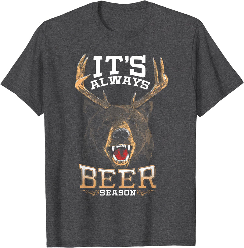 Hunted Apparel It's Always Beer Season Bear Deer Beer Funny Hunter Hunting T-Shirt - Dark Heather Grey