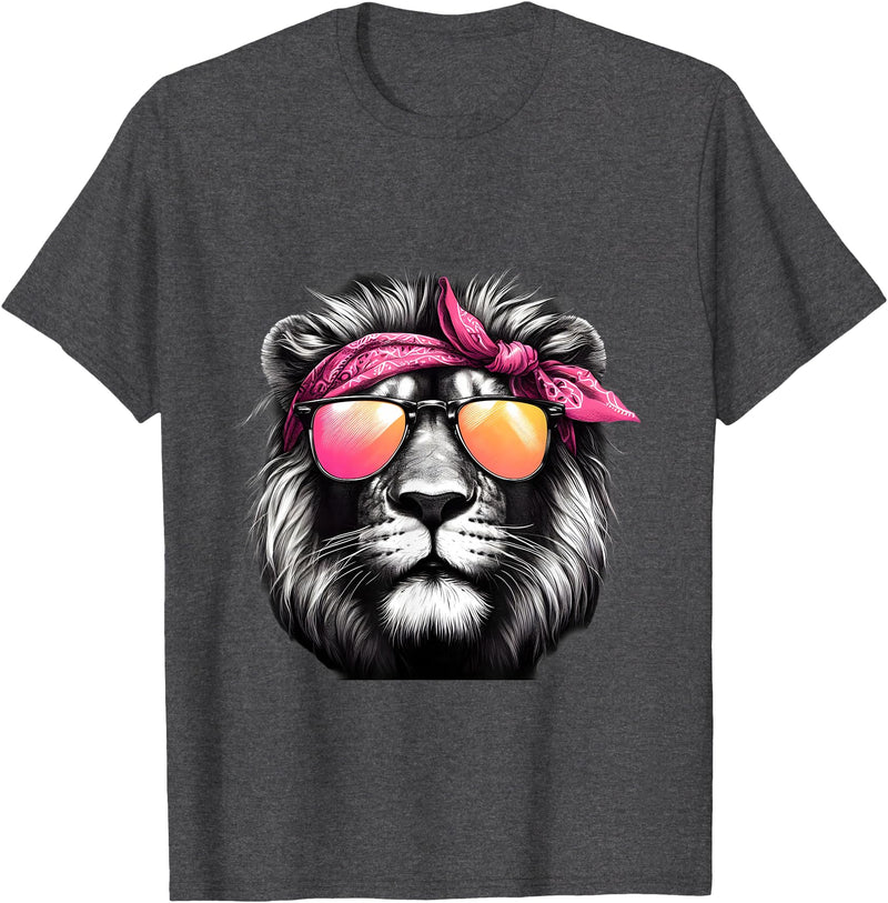 Fashionable Animals Wearing Pink Bandanas Lion Wearing a Pink Bandana Headband and Sunglasses T-Shirt - Dark Heather Grey