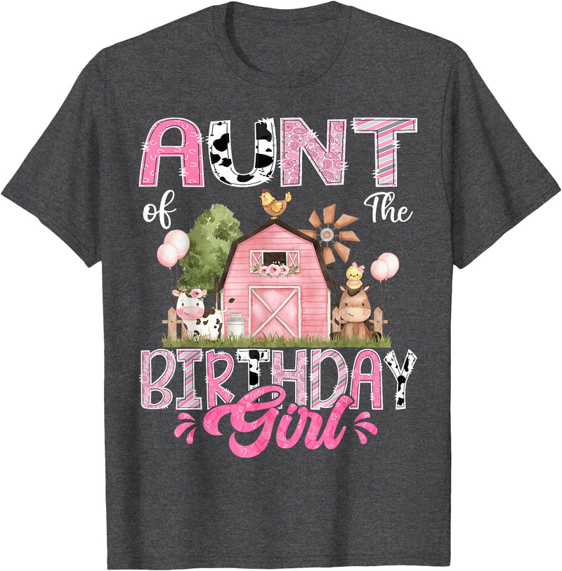 Famer Pink Cow Birthday Matching Tees Aunt Of The Birthday Girl 1St Birthday Pink Cow Farm T-Shirt - Dark Heather Grey