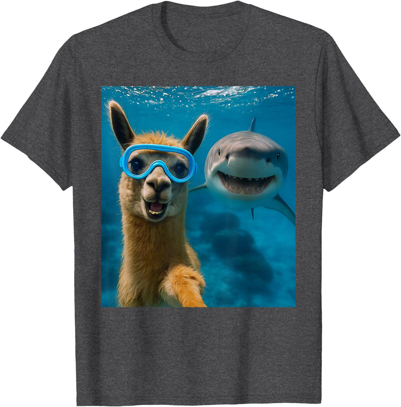 Selfie Llama and Shark Summer Scuba Diving Funny Llama Selfie with Shark Ocean Lovers T-Shirt - Dark Heather Grey