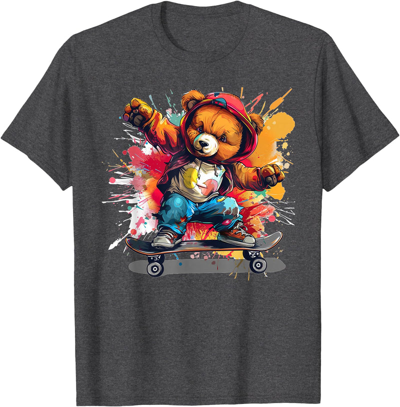 Cool Teddy with skateboard Colourful Splash with Skateboard Teddy Bear Outfit T-Shirt - Dark Heather Grey