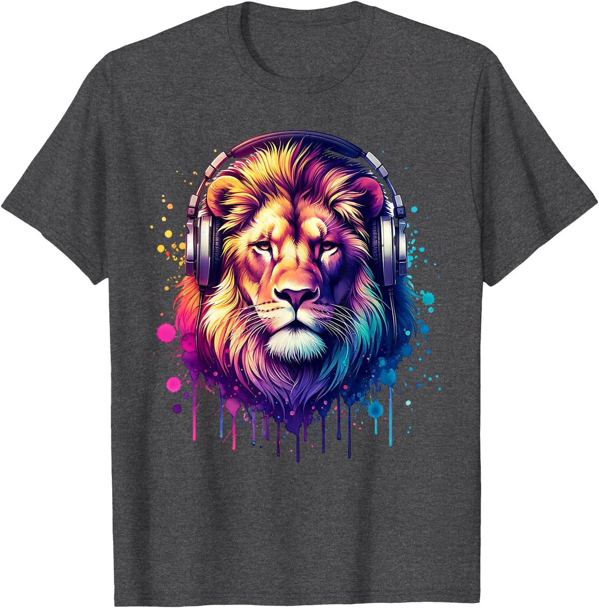 Funny Animal With Headphones Lion with Headphones T-Shirt - Dark Heather Grey