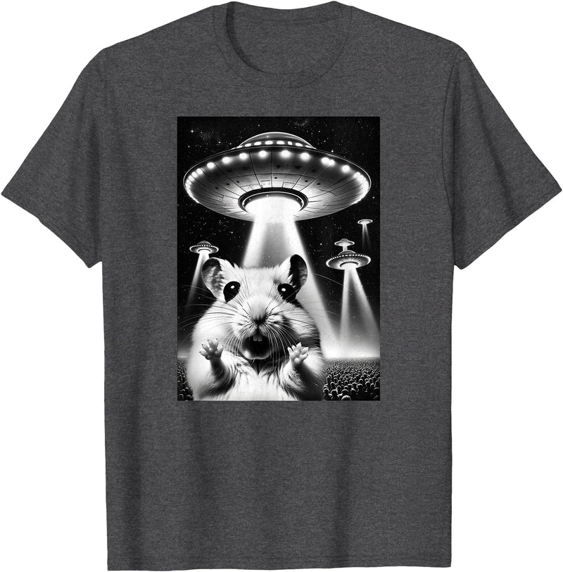 Hamster UFO | Funny Invasion Meme Alien Hamster UFO Selfie T-Shirt - Dark Heather Grey