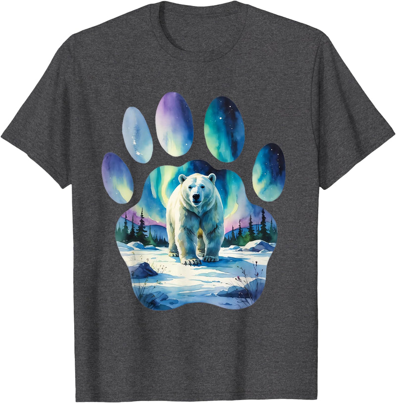 Soft Shapes Studio Polar Bear with Northern Lights in Paw-Shaped Frame T-Shirt - Dark Heather Grey