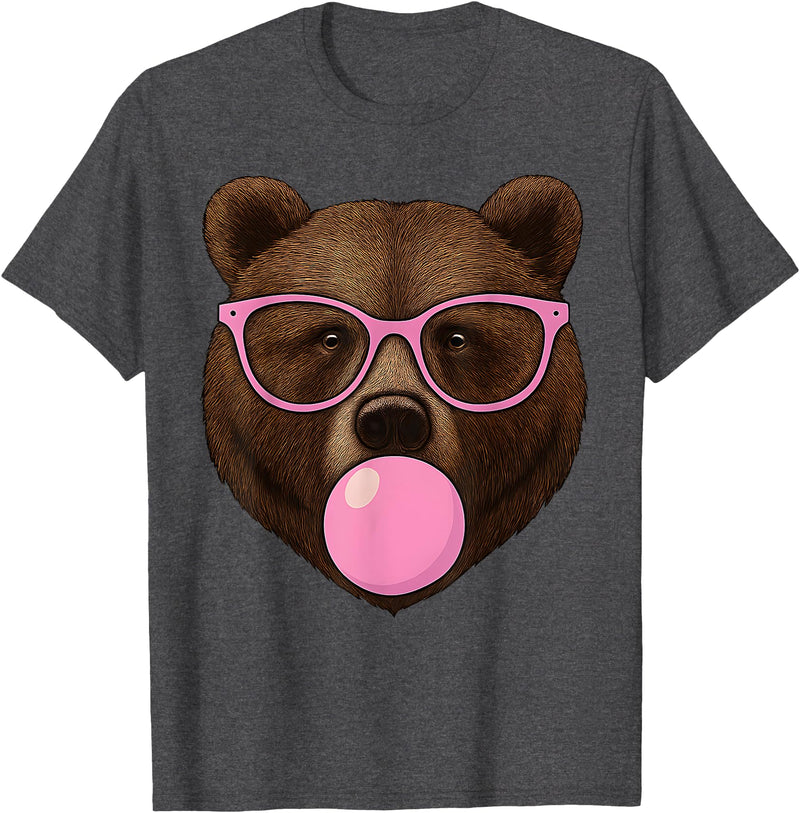 Bear Face Wearing Glasses Apparel For Women ladies Cute Bear Face Eating Gum and Makes Bubble Funny Bears Women T-Shirt - Dark Heather Grey