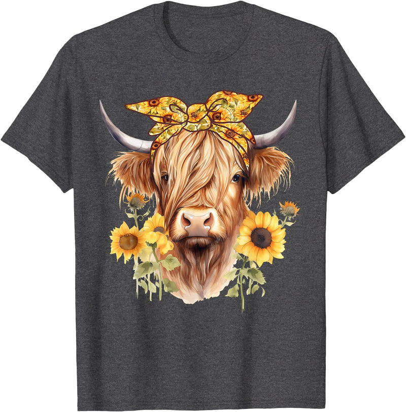 Kala Floral Highland Cow Designs Cute Scottish Highland Cow Wearing Sunflower Bandana Heifer T-Shirt - Dark Heather Grey