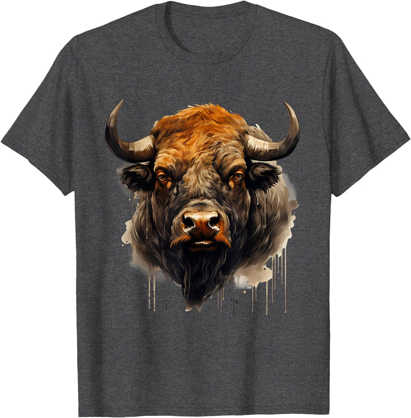 Safari Animal Art Buffalo Animal Print Portrait Bison Nature Artwork T-Shirt - Dark Heather Grey
