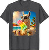 Funny Llama Popsicle Summer Ice Cream Rainbow Drip Funny Llama Eating Popsicle Summer Beach Animal Sunglasses T-Shirt - Dark Heather Grey