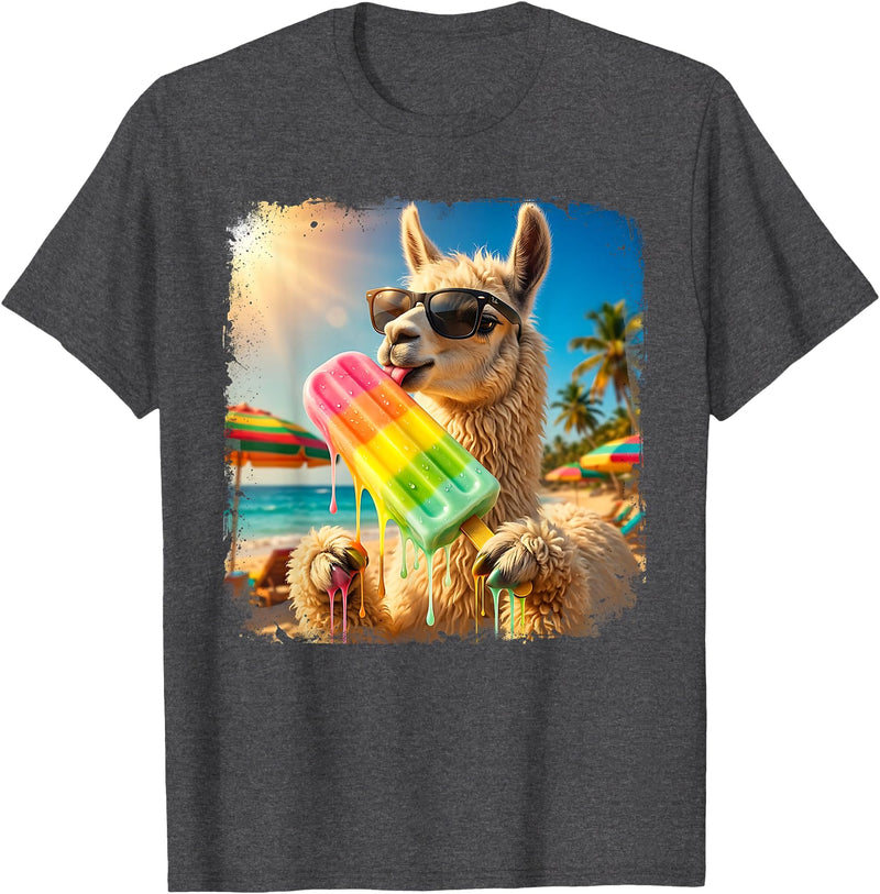 Funny Llama Popsicle Summer Ice Cream Rainbow Drip Funny Llama Eating Popsicle Summer Beach Animal Sunglasses T-Shirt - Dark Heather Grey