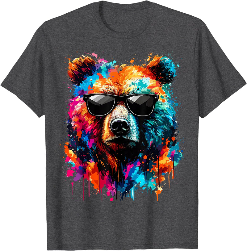 Funny Colorful Bear Lover Wildlife Colourful Bear with Sunglasses T-Shirt - Dark Heather Grey