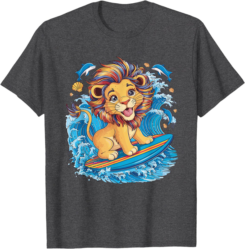 Cute Lion surfing gifts Cute Surfing Lion Riding the Waves T-Shirt - Dark Heather Grey