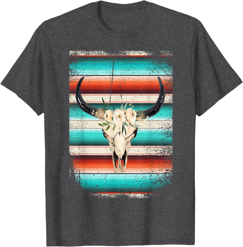 Funny Serape Cow BOHO designs Funny Serape Cow BOHO print Flower Rustic Turquoise T-Shirt - Dark Heather Grey