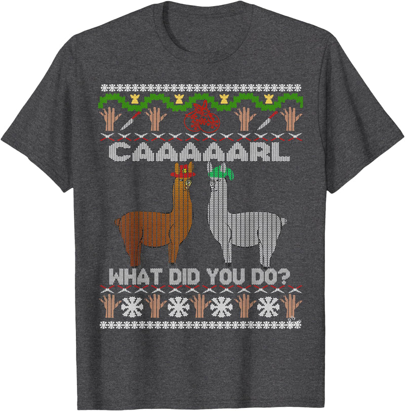 llama shirt collection by Jean Olivier funny llama with hats Christmas look carl what did you do T-Shirt - Dark Heather Grey
