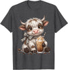 Funny Highlander Cow Drinking Coffee Lover Designs Highland Cow Drinking Iced Coffee Lover Funny Animal Meme T-Shirt - Dark