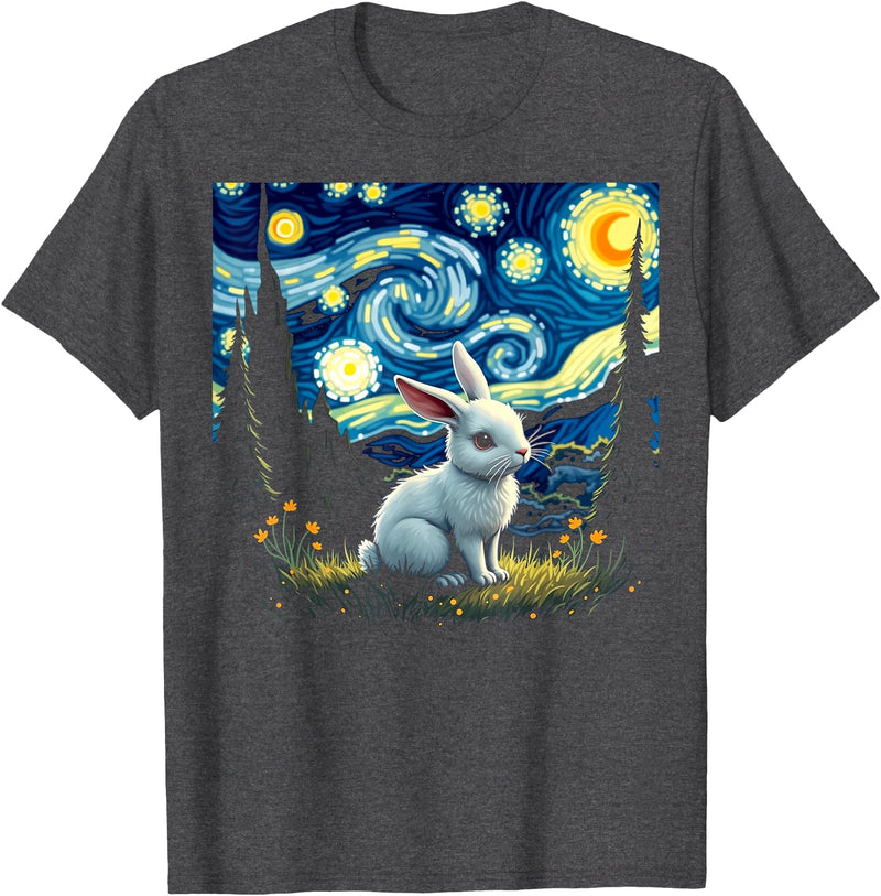 Rabbit Bunny Starry Night Van Gogh Graphic Art for Men Women T-Shirt in Dark Heather Grey