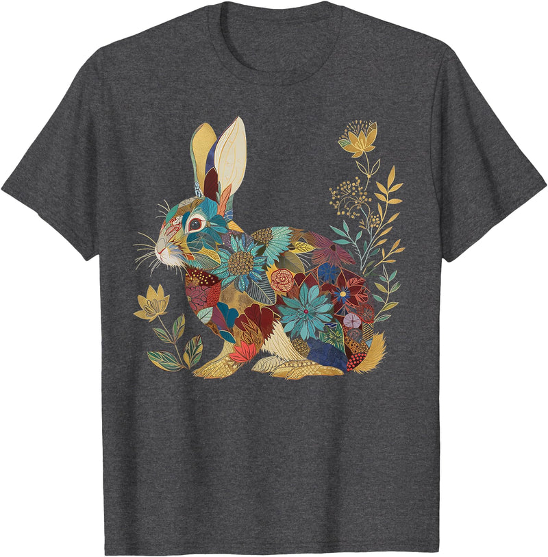 Bunny Floral Rabbit Colourful Flowers Easter Vintage Cute T-Shirt in Dark Heather Grey