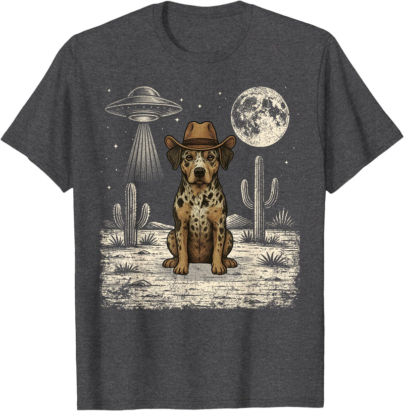 Retro Catahoula Leopard Dog Lover Halloween Moon Funny Catahoula Leopard Dog Cowboy Western UFO T-Shirt - Dark Heather Grey