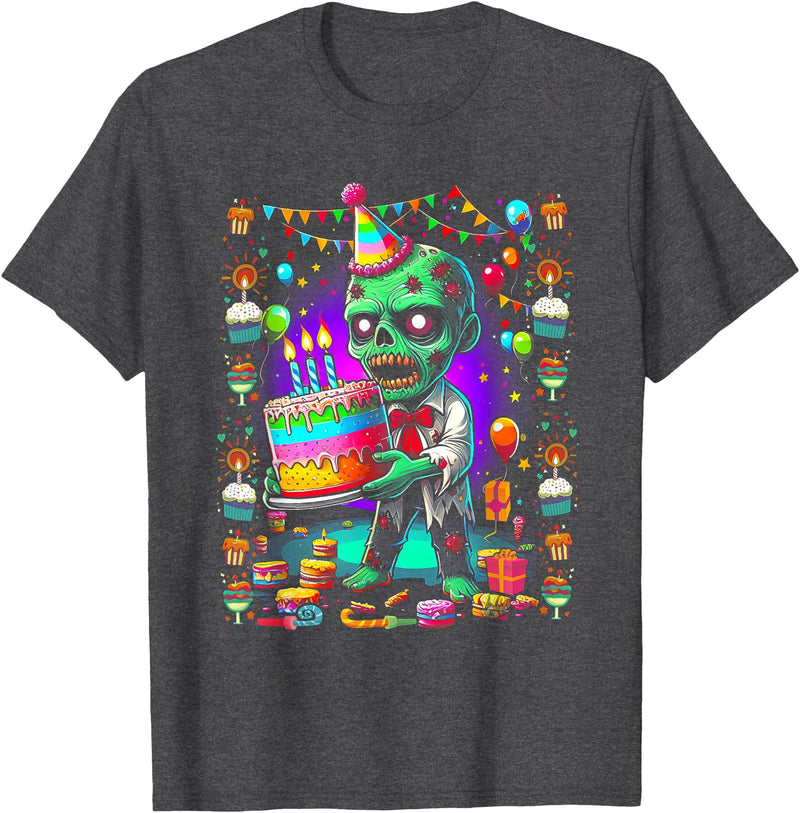 Zombie Holding Birthday Cake Halloween Birthday Horror Party T-Shirt - Dark Heather Grey