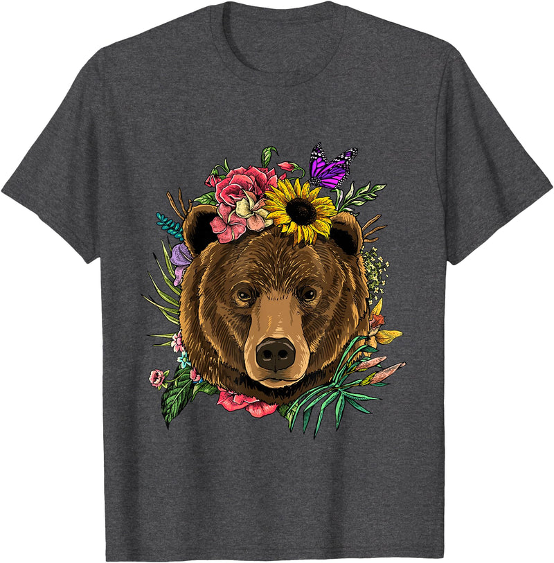 Wowsome! Bear Shirt Nature Floral Grizzly Bear Face Animal Bear Lover T-Shirt - Dark Heather Grey