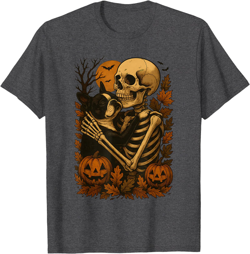 Skeleton Hugging Dog Skeleton Hugging Boston Terrier T-Shirt - Dark Heather Grey
