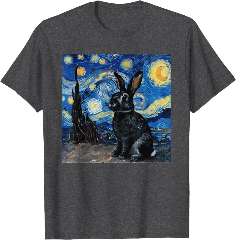 Bunny Rabbit Van Gogh Style Starry Night T-Shirt in Dark Heather Grey