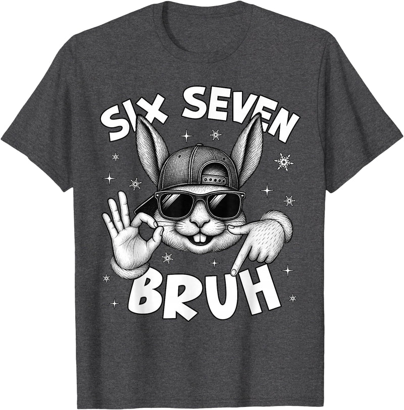 67 Six Seven Bruh Cute Bunny Face with Sunglasses Easter Day T-Shirt in Dark Heather Grey