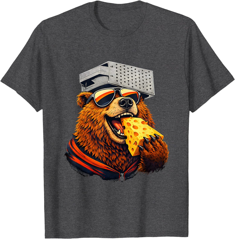 Retro Bear with Cheese for Boys Funny Animal humor Retro Bear Eating Cheese with a Grater Hat T-Shirt - Dark Heather Grey