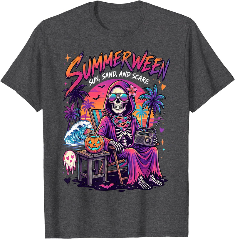 Summerween Halloween in July Spooky Summer Horror summerween Sun Sand and Scare Skeleton Halloween T-Shirt - Dark Heather