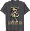Boys & Mens Camouflage Teddy Bear Streetwear Gear Camo Hip Hop Teddy Bear Locked In Saying Hustle Money Grind T-Shirt - Dark Heather Grey